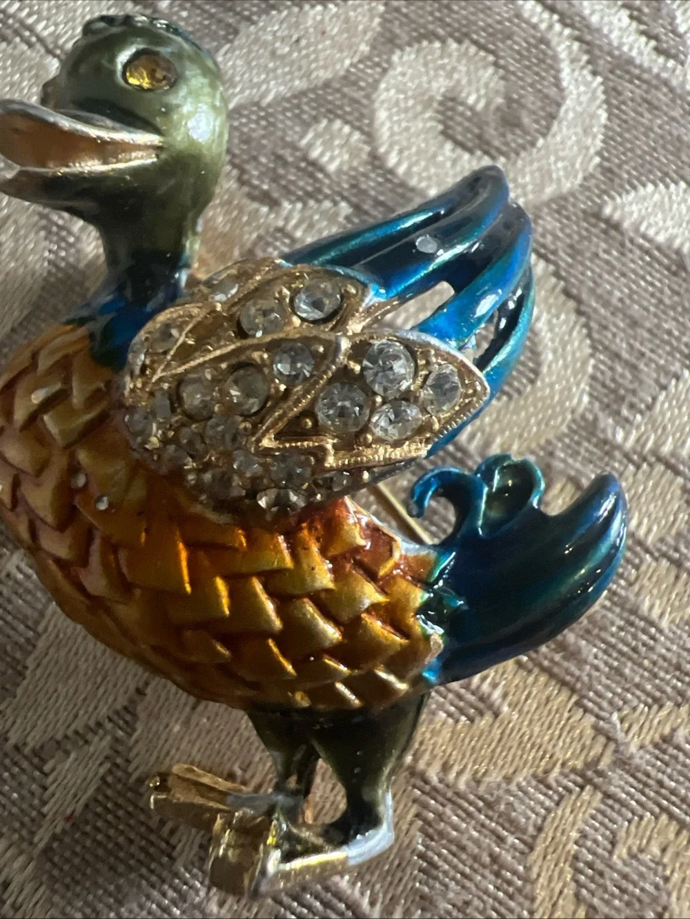 Vintage Enamel And Gold Tone Duck Brooch Pin Bird Brooch Rhinestone Duck Brooch